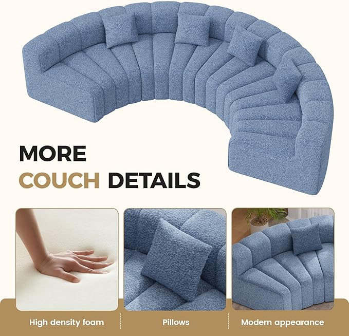 2PCS 1/8 Round Curved Sofa 2 Seater Modular Velvet Couch Modern Boneless Sectional Couches for Living Room No Assembly Required Light Blue