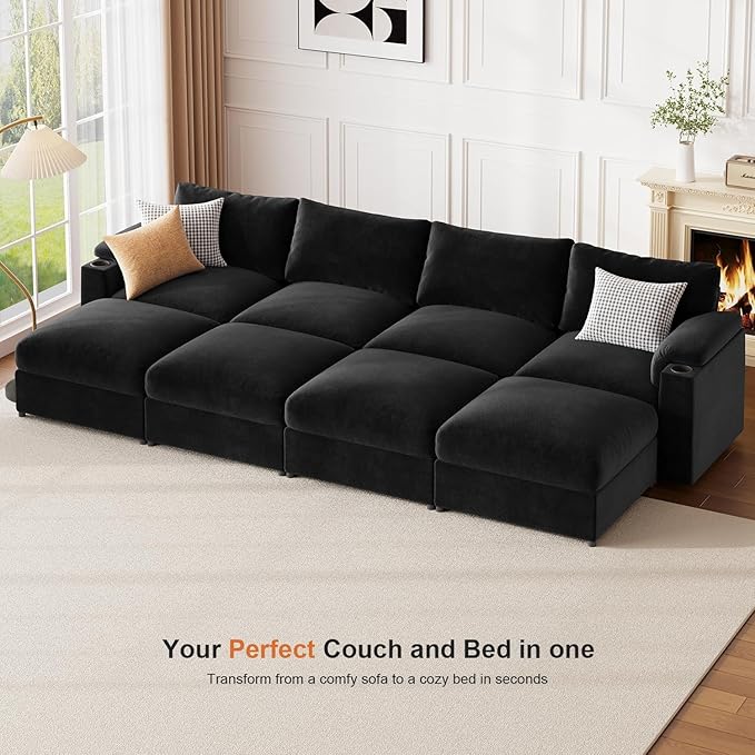 Sectional Couches for Living Room FSC Certified Velvet Modular Couch Oversized Cloud U Shaped Convertible Sleeper Sofa Chaise Detachable Armrest Cushio (Chenille Black U Shape 8 Seat)