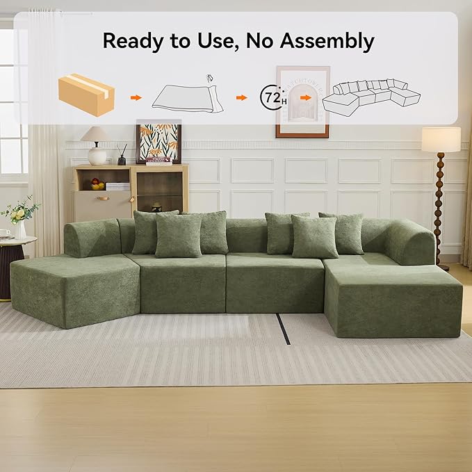 140''Oversized Cloud Velvet Curved Sectional Couch Boneless Couch with L-Shape Chaise Upholstered Compression Memory Foam Modular Sectional Sofa for Living Room No Assembly Required Green