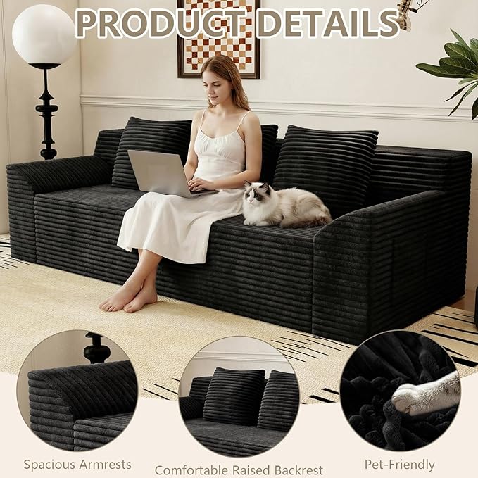 71 Love Seat Couches Corduroy Boneless Loveseat with Deep Seats 2 Seat Couch Apartment Size Couch with 3 Pillows&ampSide Pockets for Bedroom Office No Assembly Required Black