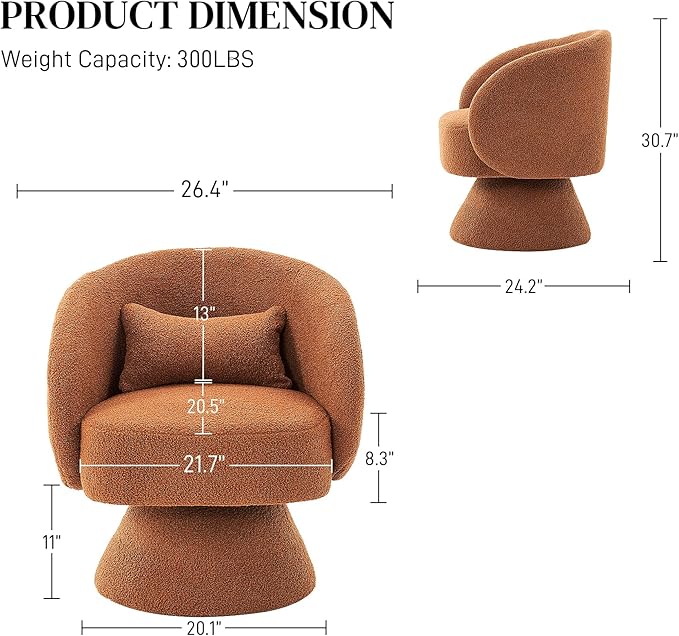 Swivel Barrel Chair Set of 2 Upholstered Swivel Cuddle Accent Chairs for Living Room Comfy 360°Small Round Boucle Sherpa Barrel Armchair for Bedroom Nursery (CaramelTeddy)