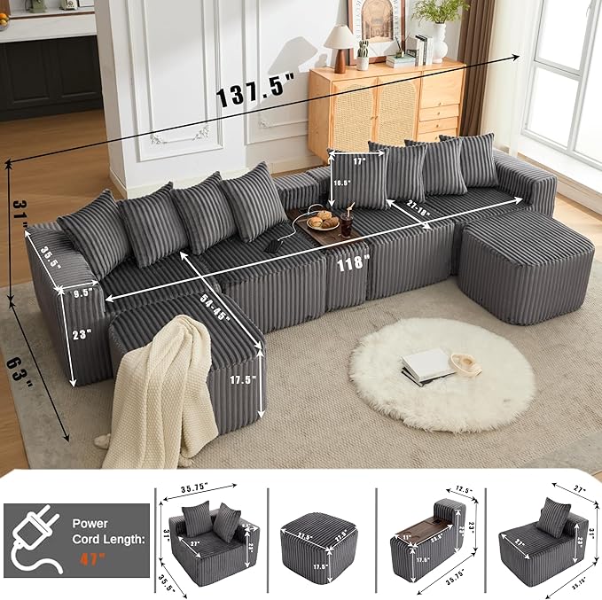 KEIKI 137.5 U-Shaped Sectional Sofa Large 6-Seater Modular Corduroy Couch with Movable Ottoman Smart USB &amp Wireless Charging Module Cup Holder Coffee Table Ideal for Home Gatherings