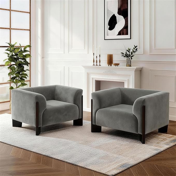Oversized Accent Chairs Set of 2 Chenille Fabric Upholstered Club Chair for Living Room 41 Width Single Sofa Chair with Curved Handrail and Solid Wood Legs Modern Arm Chair for Bedroom HomeGray
