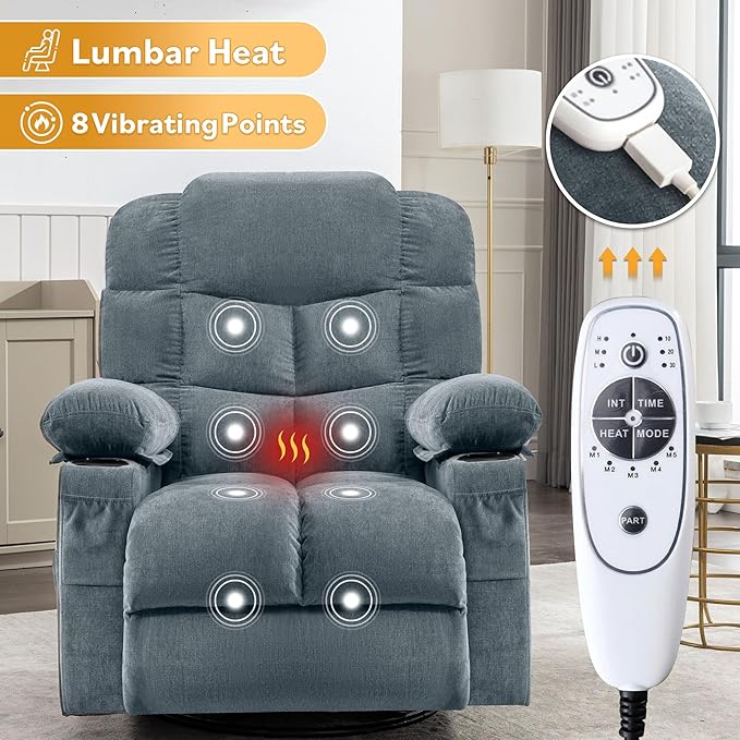 Oversized Massage Swivel Recliner Chair with Lumbar Heating for Living Room Rocker Recliner Single Sofa with Cup Holders and USB Charge Port Large Big Chair Recliners for Adult