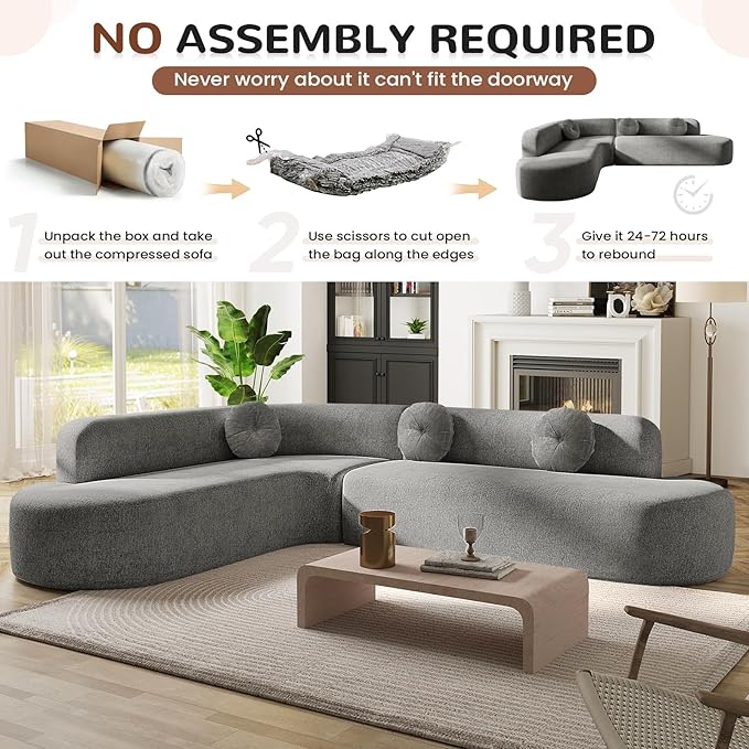122'' Curved Sectional Cloud Sofa Modern L Shaped Couch with Chaise &amp Pillows Comfy Upholstered Deep Seat Compression Boneless Sofa for Living Room Apatment Office No Assembly Required Grey