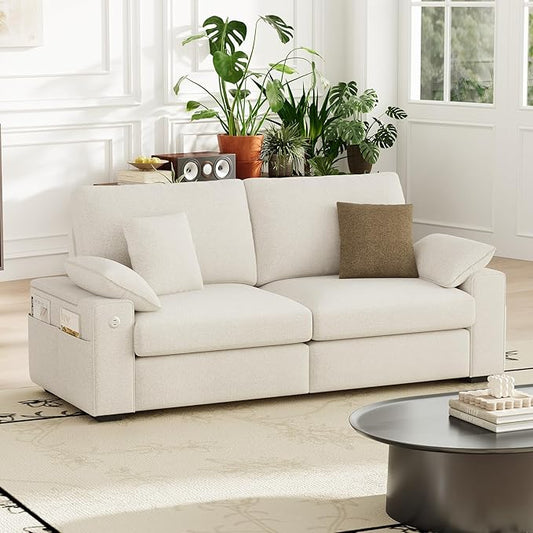 76 Loveseat Couch 3 Seater Upholstered Midcentury Mondern Love Seat with USB Type C Ports 4 Pillows and Storage Armrest Cloud Foam Sofa for Living Room/Small Spaces Beige | Breathable material