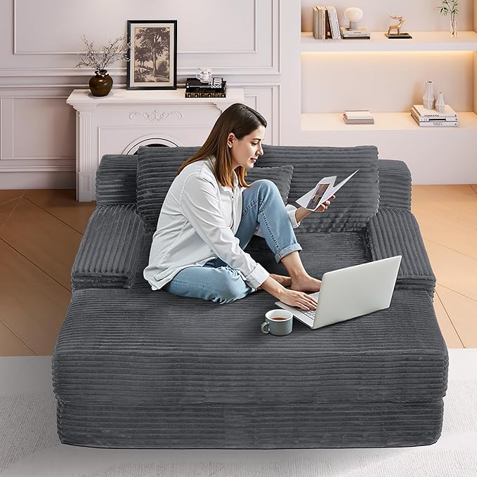 67″Oversized Chaise Lounge Chair Indoor Boneless Couch with Deep Seat Wide Arms Reading Chairs No Assembly Corduroy Chair Upholstered Lounge Sofa for Living Room Grey
