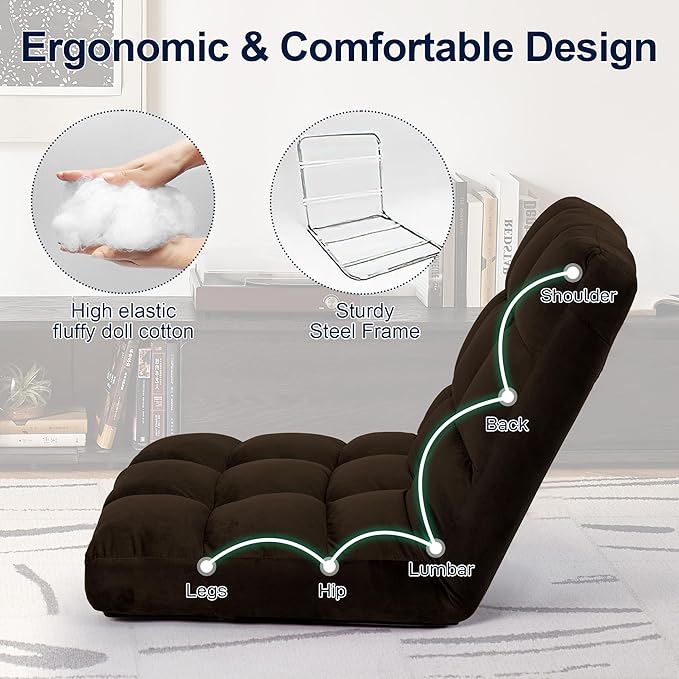 Floor Chair 24 inches Wide Oversized Velvet Armless Lay Flat Floor seat Padded Meditation Chair with 6 Adjustable Position Ergonomic Comfortable Convenient(LRSF-015-BROWN)