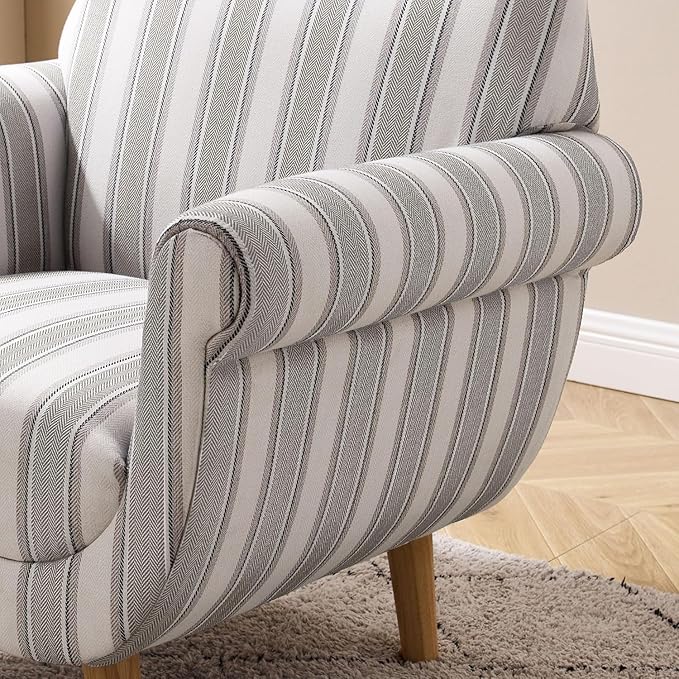 VANOMi Mid-Century Accent Chair with Stripe Pattern Modern Linen Fabric Armchair with Wood Legs Club Chair for Living Room Comfy Upholstered Side Chairs for Bedroom Reading Small Place (Grey)