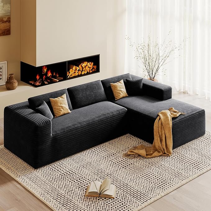 108” Boneless Couches for Living Room L-Shape Modular Sectional Sofa Couches High Rebound Sponge Comfy Fluffy Corduroy Cloud Couch with Oversized Chaise and Deep Seat (Charcoal Black)
