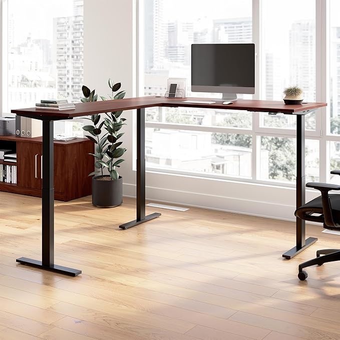 Bush Business Furniture 72-inch Height Adjustable L Shaped Standing Desk Electric Sit-Stand Corner Computer Table Ergonomic Office Move 60 Series Hansen Cherry with Black Base