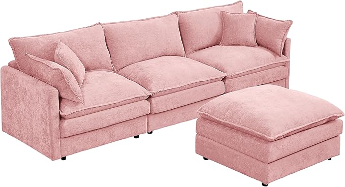 102 Modular Sectional Sofa L Shaped Cloud Couch with Movable Ottoman Comfy Chenille Deep Seat Sofa with Throw Pillows 3-Seater Cloud Couches for Living Room Apartment