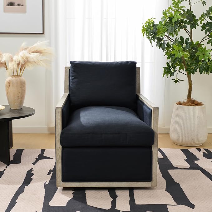 KINWELL 27 Wide Oak Wood Frame Performance Fabric Swivel Armchair No Assembly Down Fill Upholstered Swivel Barrel Chair with Removable Pillow Back for Living Room Bedroom (Indigo)