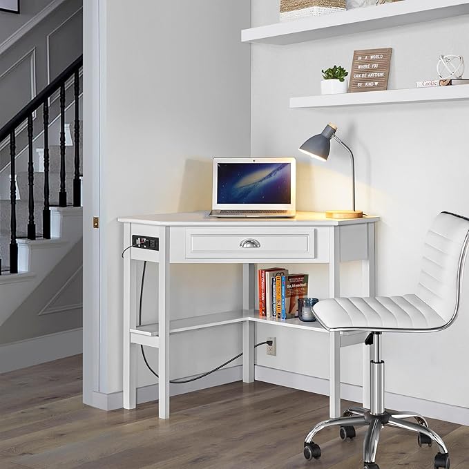 Yaheetech L Shaped Corner Computer Desk with Power Outlets Reversible Triangle Workstation with USB Ports and Hook for Small Space Modern Home Office Desk Gaming Table with Drawer &amp Shelf White