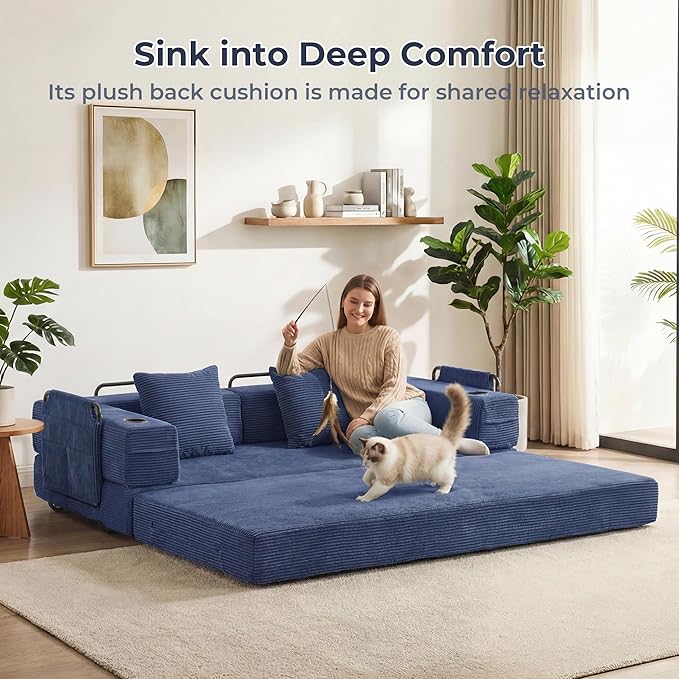 WELAX 72.8 Convertible Sleeper Sofa Bed Boneless Cloud Queen Futon Couches with Cupholders &amp Storage Pockets Corduroy Folding Floor Couch for Bedroom Apartment No Assembly Dark Blue