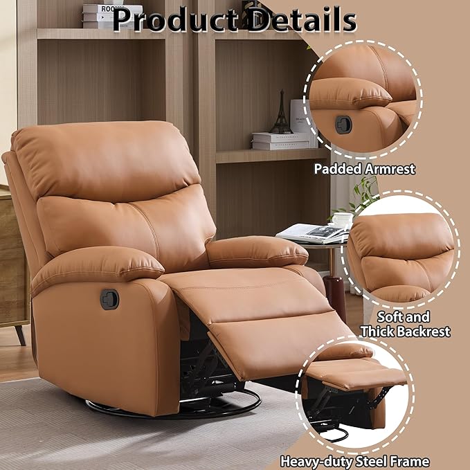Genuine Leather Swivel Recliner Rocking Reclining Chair for Heavy Duty Adults 350LBS Manual Swivel Rocker Recliner Chair for Living Room Bedroom RV Nursery Khaki Brown