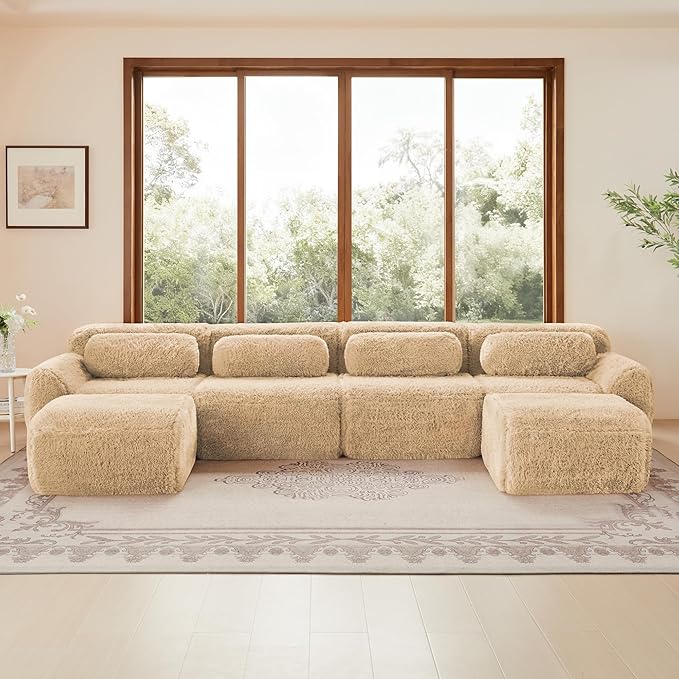 Boneless Couch Modular Sectional Sofa Comfy Cloud Couch No Assembly U Shaped Couches 149 Modern Sectional Couches for Living Room Deep Seat 4 Seater Couches Floor Sofas Anti-SlipKhaki