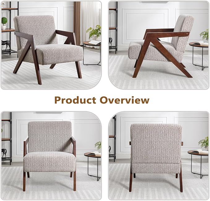 Bonzy Home Mid-Century Modern Accent Chair Set of 2 with Wood Frame Upholstered Armchair for Bedroom &amp Living Room Linen Fabric Cushion Z-Shaped Armrest Design Sturdy Lounge Chair
