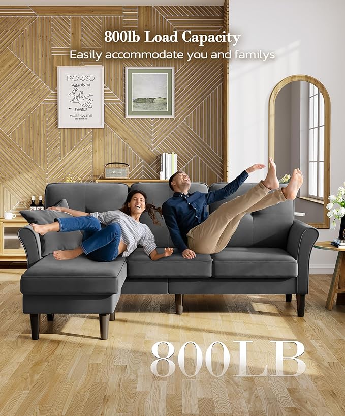 83 Sectional Couch Velvet L-Shaped Couch 3 Seater Sectional Couches for Living Room Comfy Fluffy Deep Seat Loveseat Modular Sectional Sofa with Ottoman for Apartment Office Grey