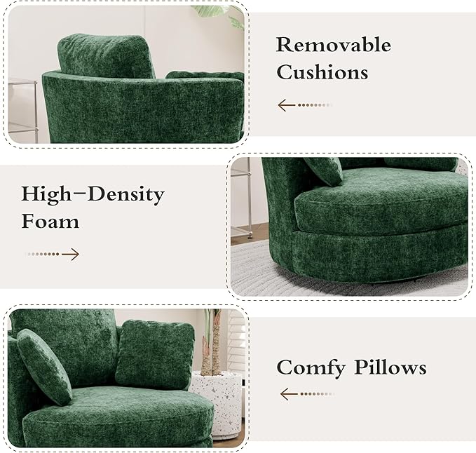 Chifee &amp Vingol Swivel Accent Chair with Ottoman 40.35 Round Swivel Chair Storage Ottoman &amp Pillows 360° Barrel Chair for Living Room Bedroom OfficeChenilleGreen