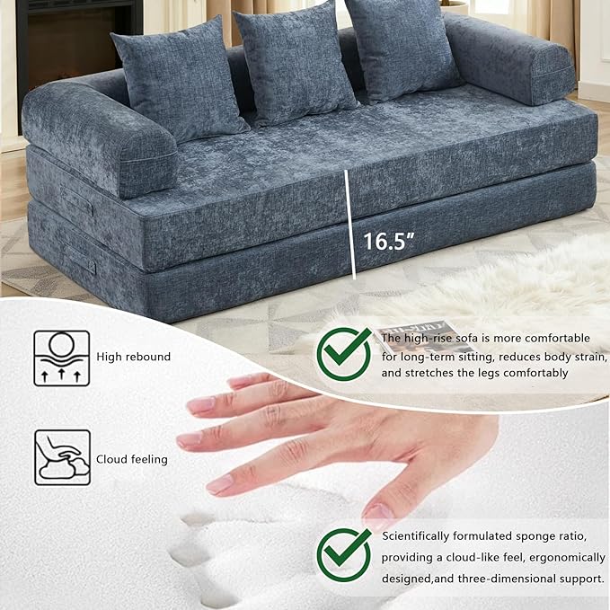 79 Inch 4-in-1 Convertible Sofa Bed Boneless Couches Chenille Folding Sleeper with Pull Out Bed Floor Futon Modular Lounge Loveseat Compressed Sofa No Assembly Required for Living Room (Blue)