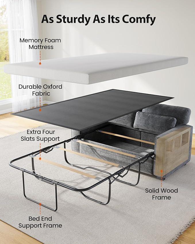Marsail Pull Out Sofa Bed Queen Size Sleeper Sofa with Memory Foam Mattress 2 USB Charging Ports &amp Removable Covers Chenille Loveseat Couch for Living Room Apartment Light Grey