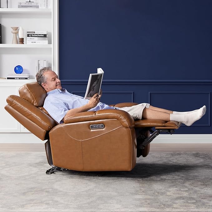 Watson &amp Whitely Genuine Leather Power Recliner Chairs for Adults Wall Hugger RV Recliner with Power Headrest &amp Charging Ports Electric Recliner Sofa Chair for Living Room Saddle Brown