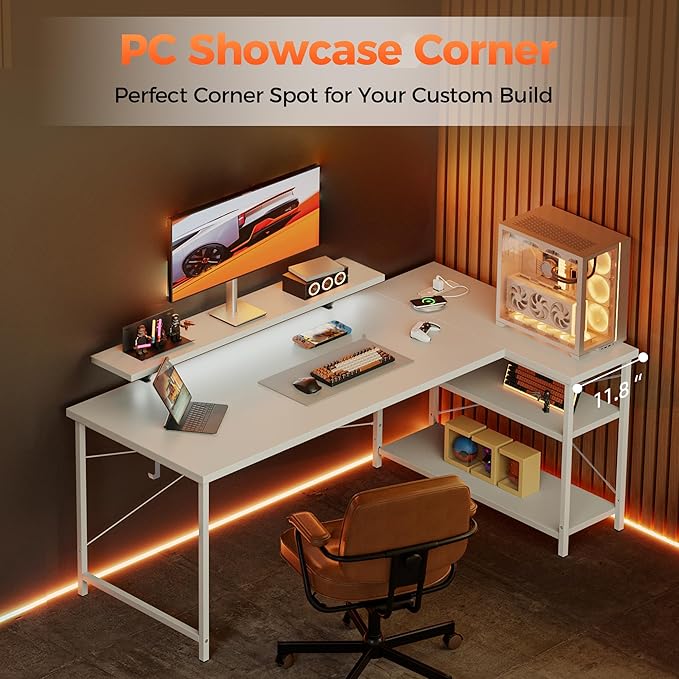 Mericonia Small L Shaped Computer Desk with Power Outlets Reversible Gaming Desk with Storage Shelves &amp Monitor Stand Corner Gamer Desk Table Study Writing Table