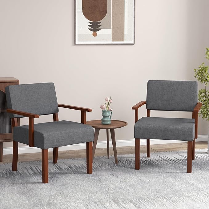 Giantex Mid Century Modern Accent Chair - Linen Living Room Arm Chair w/Soft Padded Seat &amp Backrest Rubber Wood Frame Upholstered Reading Chair for Living Room Bedroom Reception Grey