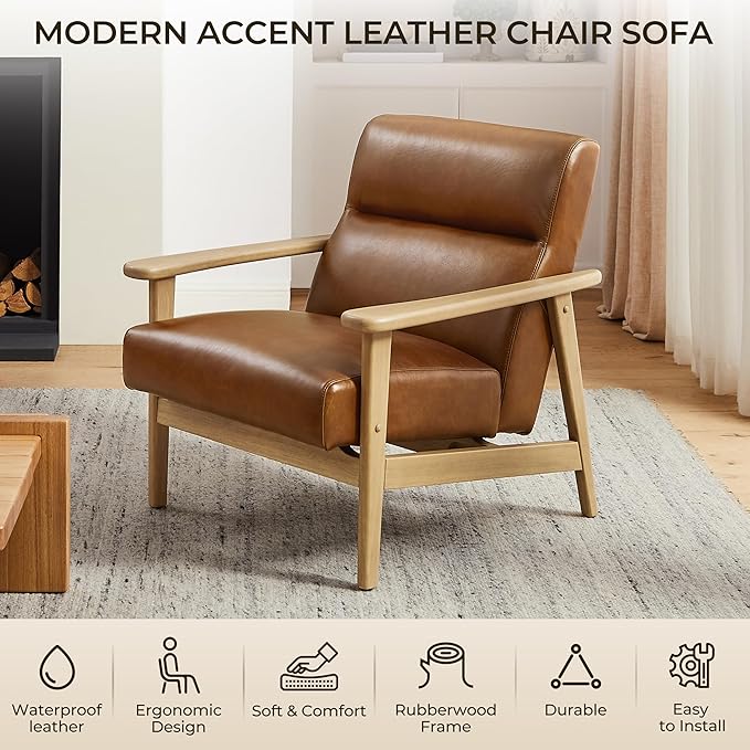 Art Leon Genuine Leather Recliner Chair with Arms 105° Ergonomic Design &amp Solid Wood Frame - Premium Leather Lounge Chair for Living Room Office Man Cave (Brown)