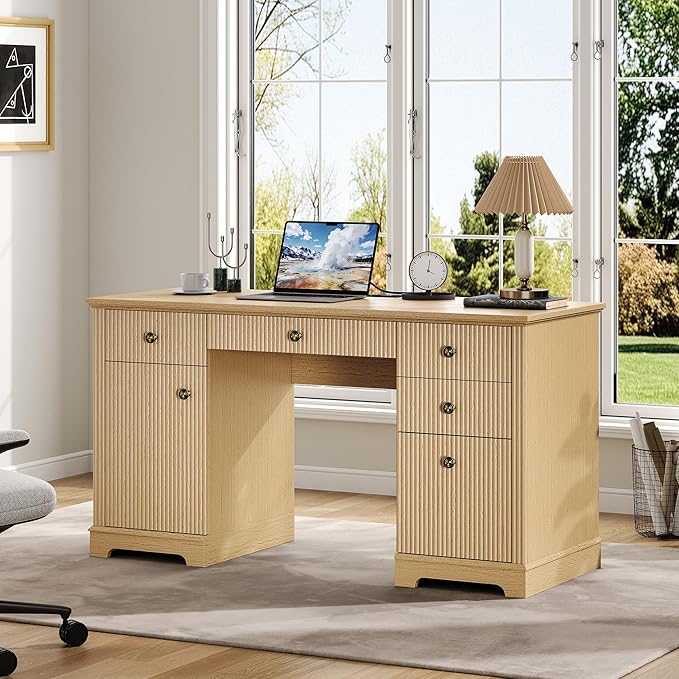 59 Modern Executive Desk with Drawers Wood Home Office Computer Desk with Charging Station 5 Drawers &amp 1 Cabinet File Drawer Fluted Computer Writing Desk for Study Living Room Bedroom Oak