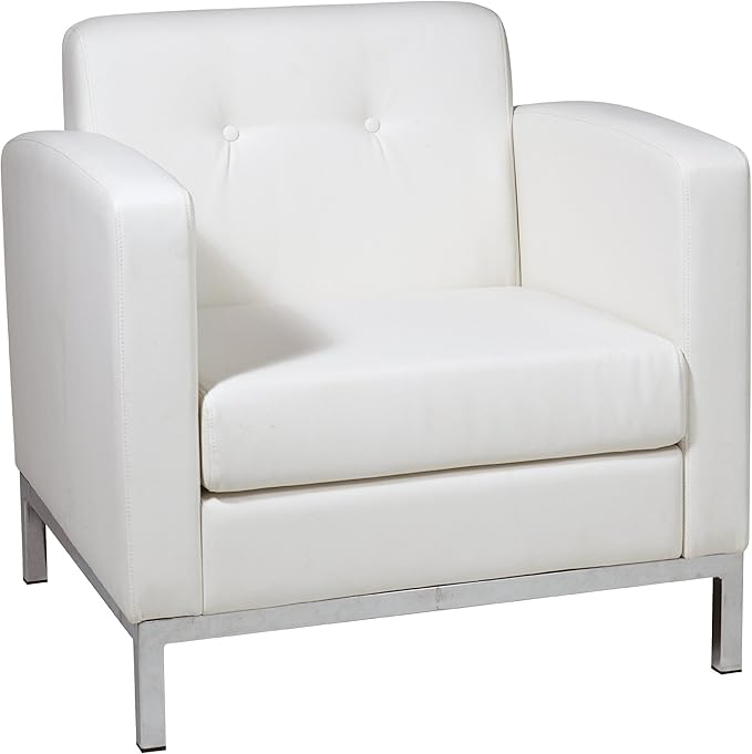 OSP Home Furnishings Wall Street Faux Leather Armchair with Box-Spring Cushion Button Tufted Back and Chrome Finish Base White