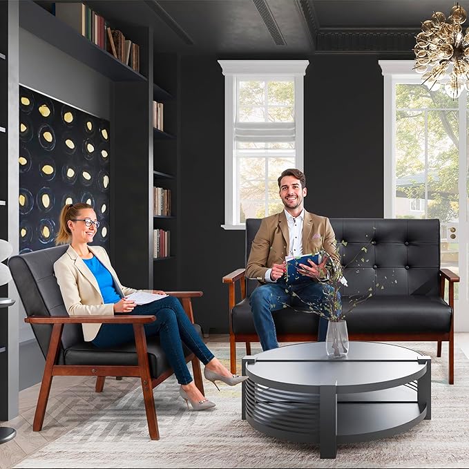 STHOUYN Black Small Leather Couch for Office Booth Seating 2 Person Waiting Room Bench Couch Mid Century Modern Loveseat Wood Sofa (Black)