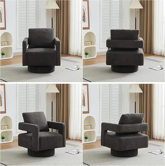 Setawix Boucle Swivel Barrel Chairs Set of 2Fuzzy Swivel ArmchairModern 360°Rotation Accent Arm Chair with Open ArmsSherpa Single Sofa Club Chair for Living RoomBedroom. (Charcoal 2PC)