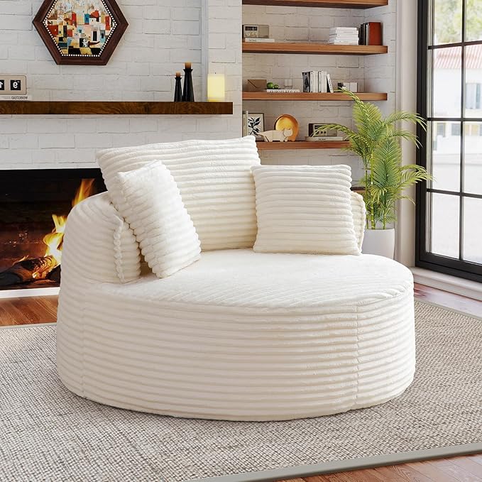 Antetek 53-inch Round Chaise Lounge Chair Indoor Modern Cloud Single Corduroy Couch with 3 Pillows Boneless Compressed Memory Foam Sofa Chair for Living Room Bedroom Apartment Beige