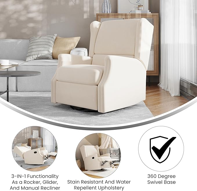 Flash Furniture Omma Swivel Glider Rocking Recliner Manual Wingback Recliner with 360 Degree Swivel for Living Room Bedroom or Nursery Upholstered Cream