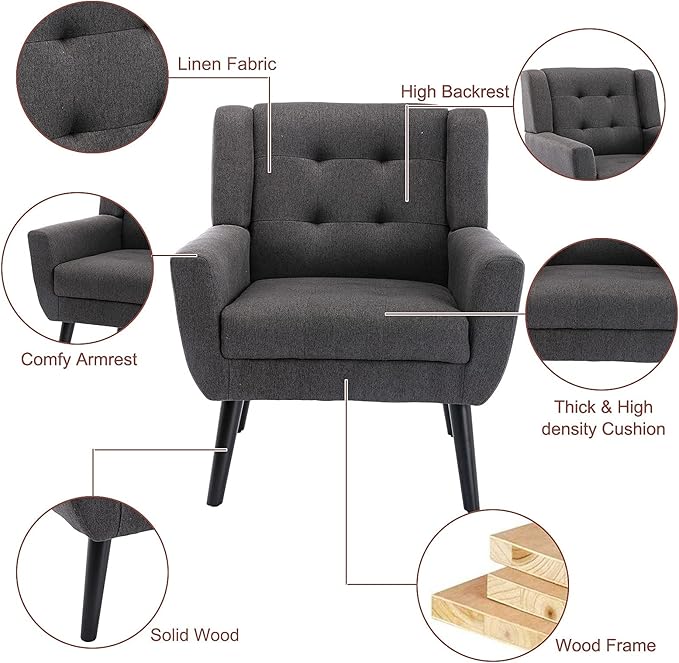 SSLine Linen Accent Arm ChairMid-Century Modern Upholstered Wingback Single Sofa Armchair Club Chair with Solid Wood Legs Thick Cushion for BedroomReadingLiving Room Chair (Dark Grey)