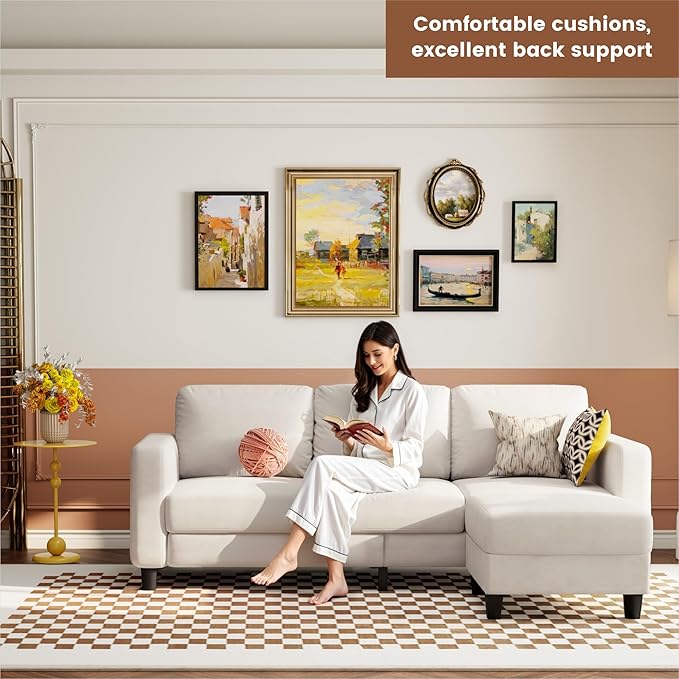 73 Small Sectional Sofa with Reversible Chaise Linen Fabric L-Shaped Couch with Solid Oak &amp Iron FrameHigh-density Sponge Spring Seat CushionRemovable Sofa Cover Compact Apartments and Studios