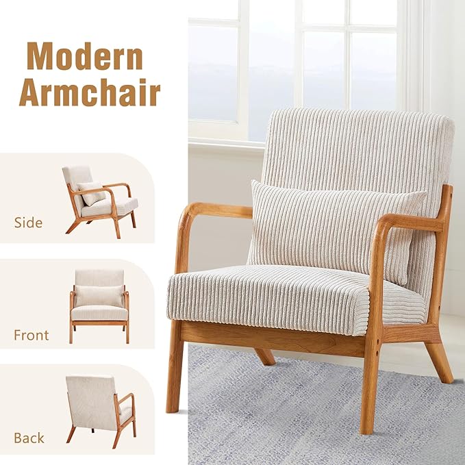 Furniliving Wooden Accent Chair Set of 2 for Living Room Upholstered Reading Chair with Sturdy Wood FrameCorduroy Lounge Armchairs for Bedroom Patio Furniture Beige