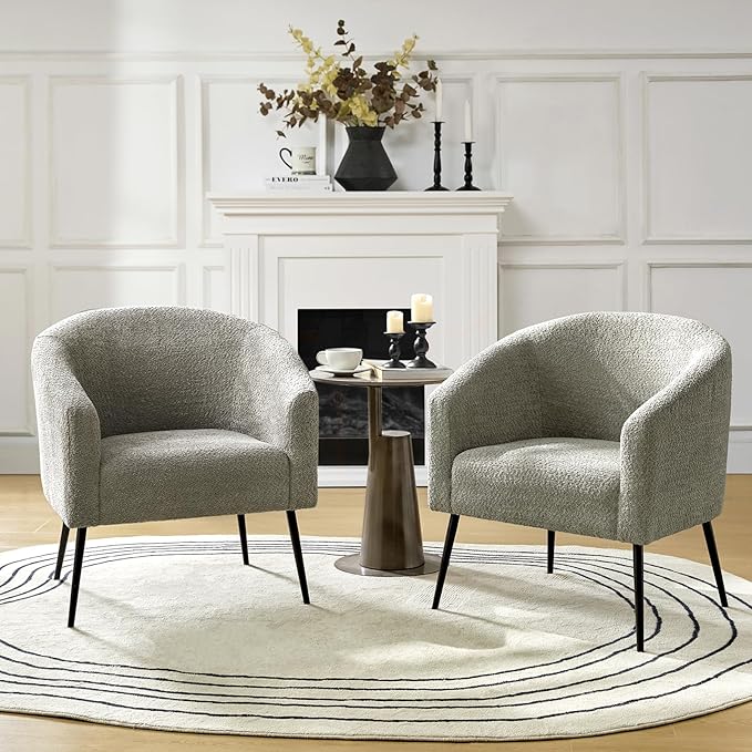 HULALA HOME Boucle Accent Chair Set of 2 Cozy Accent Barrel Chair with Metal Legs Upholstered Lounge Chair Single Sofa Armchair for Bedroom Living Room Reception Room Office Grey