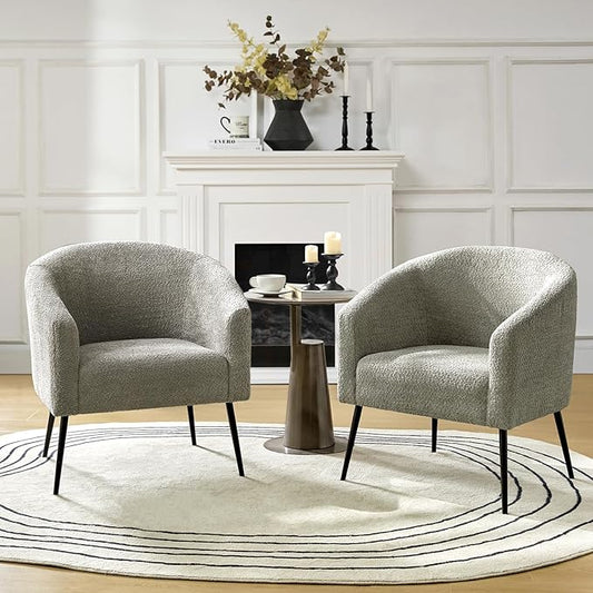 HULALA HOME Boucle Accent Chair Set of 2 Cozy Accent Barrel Chair with Metal Legs Upholstered Lounge Chair Single Sofa Armchair for Bedroom Living Room Reception Room Office Grey