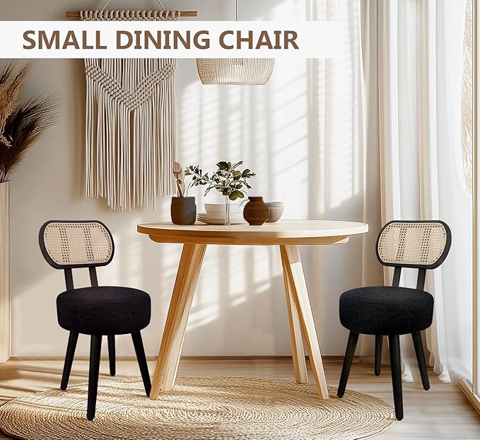ZYBT Rattan Dining Chair Boho Makeup Vanity Chair for Makeup Room Mid Century Modern Boucle Chair Black Cane Dining Chairs Upholstered Wood Accent Chair Cute Sherpa Chair with Back 1 Pc