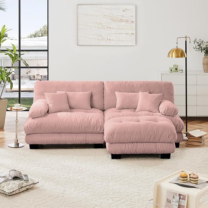Cloud Sectional Couch 94.4 Chenille L-Shaped Deep 2 Seater Modular Sofa for Living Room Upholstered Wide Arm Sofa with Convertible OttomanPink