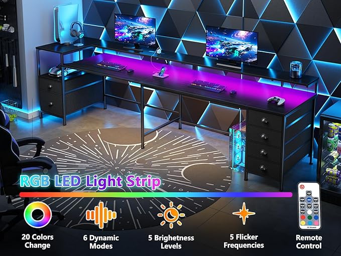 Furologee 95 Two Person Computer Gaming Desk Long 2 Person Home Office Desk with 6 Drawers &amp Storage Shelves Double Table with Power Outlets LED Lights and Full Monitor Shelf Black