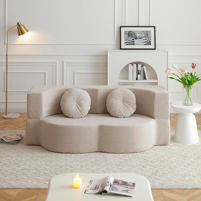 76 Convertible Folding Futon Sofa Bed Queen Sleeper Sofa with Pillow Teddy Fabric Floor &amp Futon Loveseat Couch Foam Folding Mattress Sleeper for Living Room Guest Use Office Apartment(Beige
