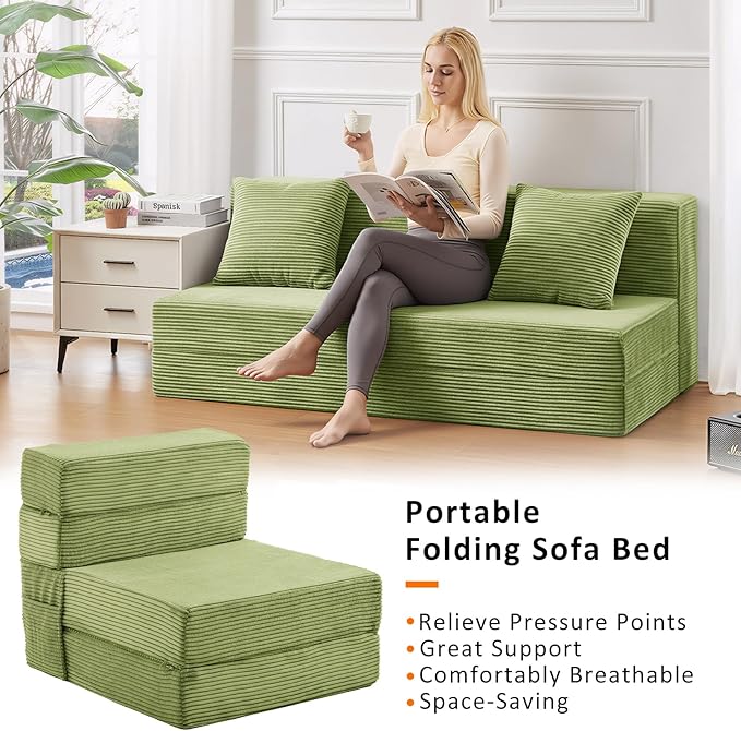 Single Size Folding Sofa Bed - 4 in 1 Convertible Sleeper Chair - High Density Memory Foam Futon Couch - Foldable Bed for Living Room Bedroom (Green)