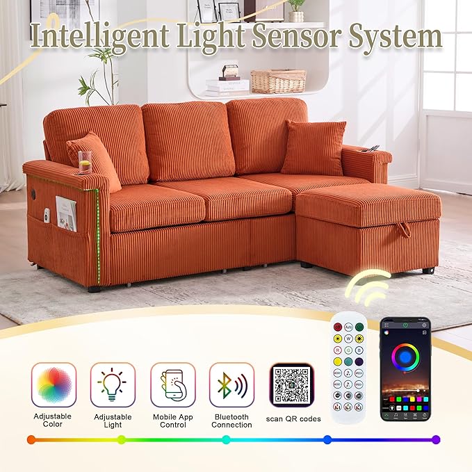 76.8 L-Shaped Sleeper Sofa with Storage Ottoman USB Ports Cup Holders&ampLED Lights Side Pockets Comfy Corduroy Modern 3-Seater Small Couch Bed for Living Room with 2 Throw Pillows (Orange)