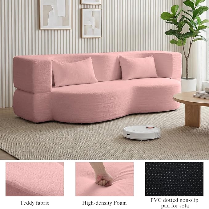 2-in-1 Folding Convertible Sofa Bed - 78 Inch Boneless Teddy Loveseat Sleeper Foldable Floor Futon Couch with Pillow Pull-Out Modular Matress for Small Spaces (Living Room/Bedroom/Dorm) (Pink)