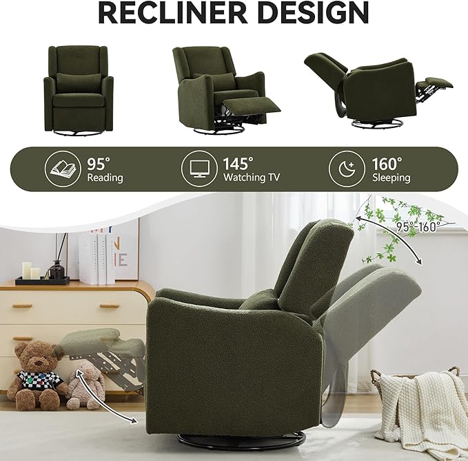 Classic Wingback Glider Recliner Nursery Chair Rocker Swivel Recliner Chairs for Small Spaces Thick Cushion Linen (Green)