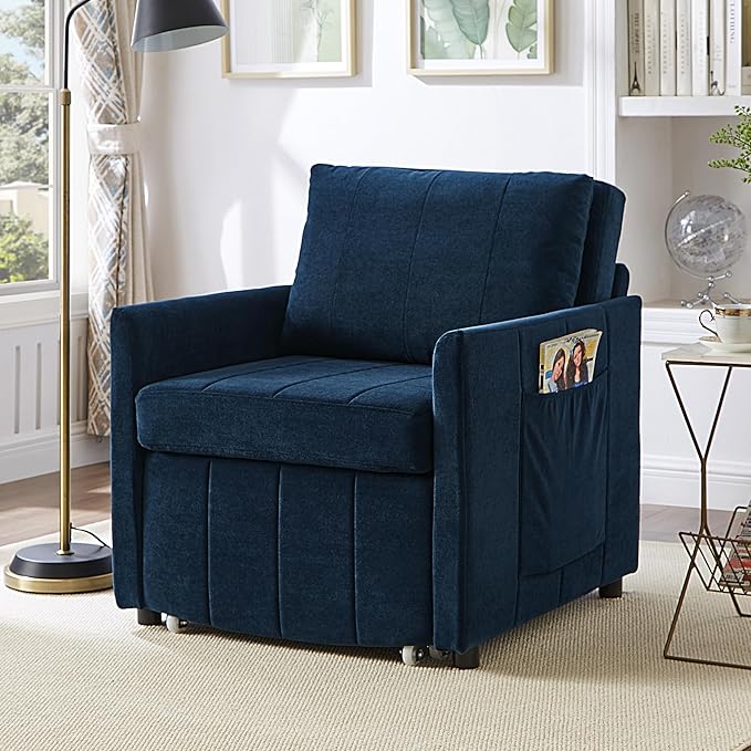 Pull Out Sofa Bed for Living Room 31.5 Upholstered Convertible Sleeper Sofa 3-in-1 Convertible Sleeper Chair with 5-Position Adjustable Backrest Side Pockets and a Storage Basket (Blue/352)